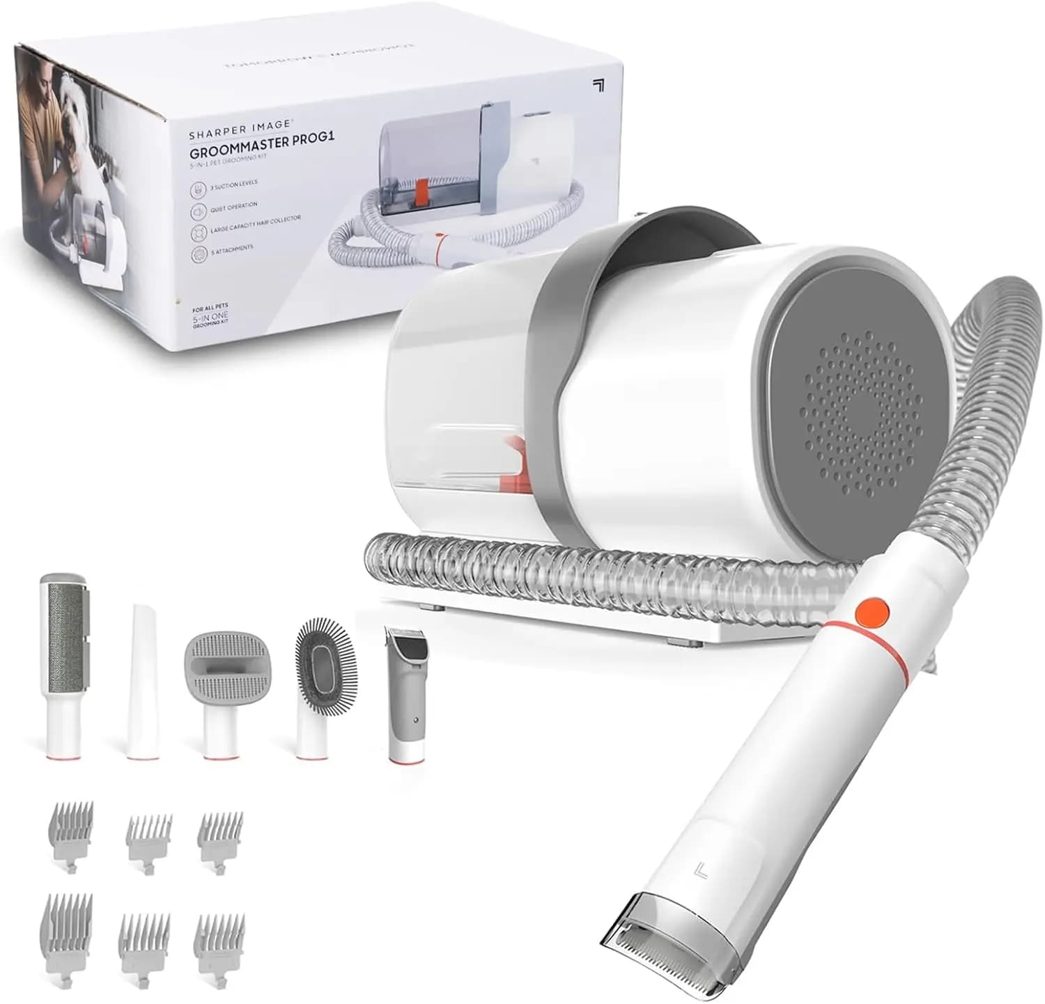 Sharper Image Professional Pet Grooming Vacuum Kit, 5-in-1 Dog Grooming Clippers with Low Noise Trimmer, 2.5L Large Dust Cup, 3