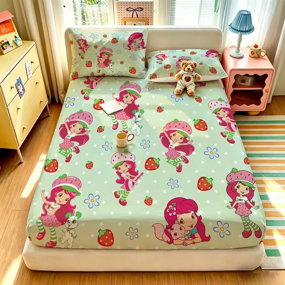 Fitted Sheet Set Mint Green Background Strawberry Girl Cartoon Bedding Set Fresh Cute Bed Sheet Pillowcases for Kids Bedroom