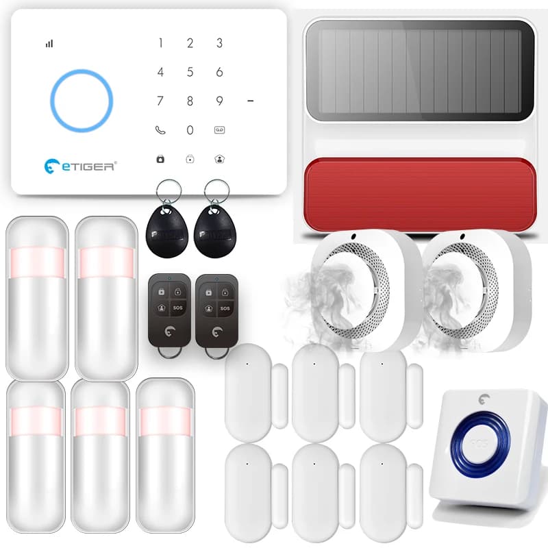 Sistema di Sicurezza Domestica Wireless Etiger S3B GSM SIM 433mhz Compatibile con Sirena Intelligente e Rilevatore di Fumo