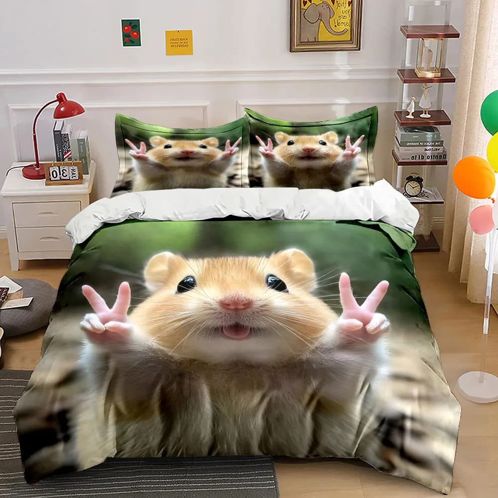 Adorabile set di biancheria da letto con stampa di un hamster che fa il segno a V, 1 copripiumino, 2 federe per adulti e bambini, regalo di lusso, misura completa