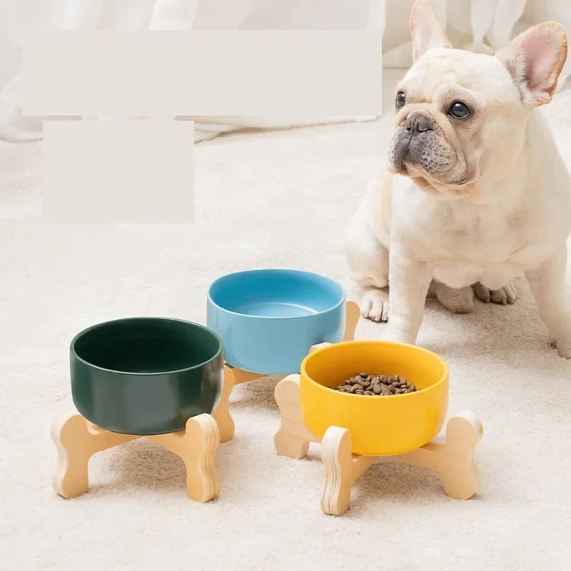 Cute Ceramic Cat Dog Bowl Dish with Wood Stand No Spill Pet Food Water Feeder Cats Small Dogs Pet Bowl Pet Supplies