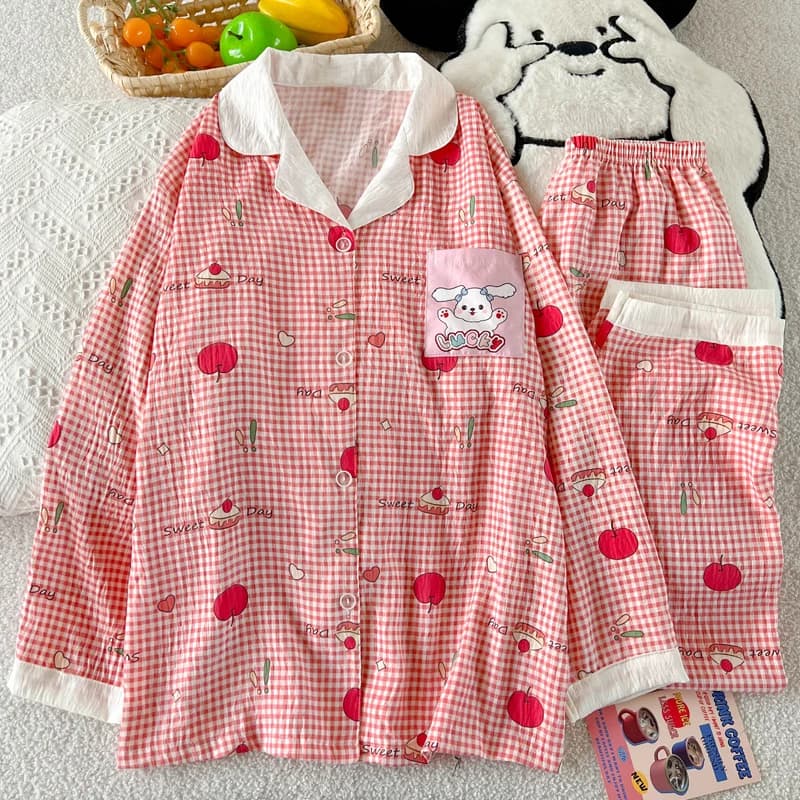 Y2K Sweet Cute Cartoon Rabbit Women's Pajamas Set Lapel Neck Long Sleeve Soft Pajamas Set New Casual Kawaii Fun Print Sleepwear