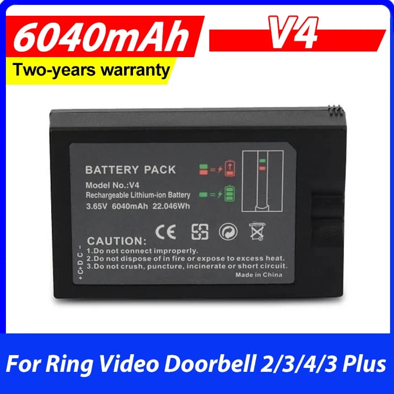 6040mAh V4 Replacement Ring doorbell battery For Ring Video Doorbell 2/3/4/3 Plus Lithium Battery Power Bank 3.65V V4 Batteria