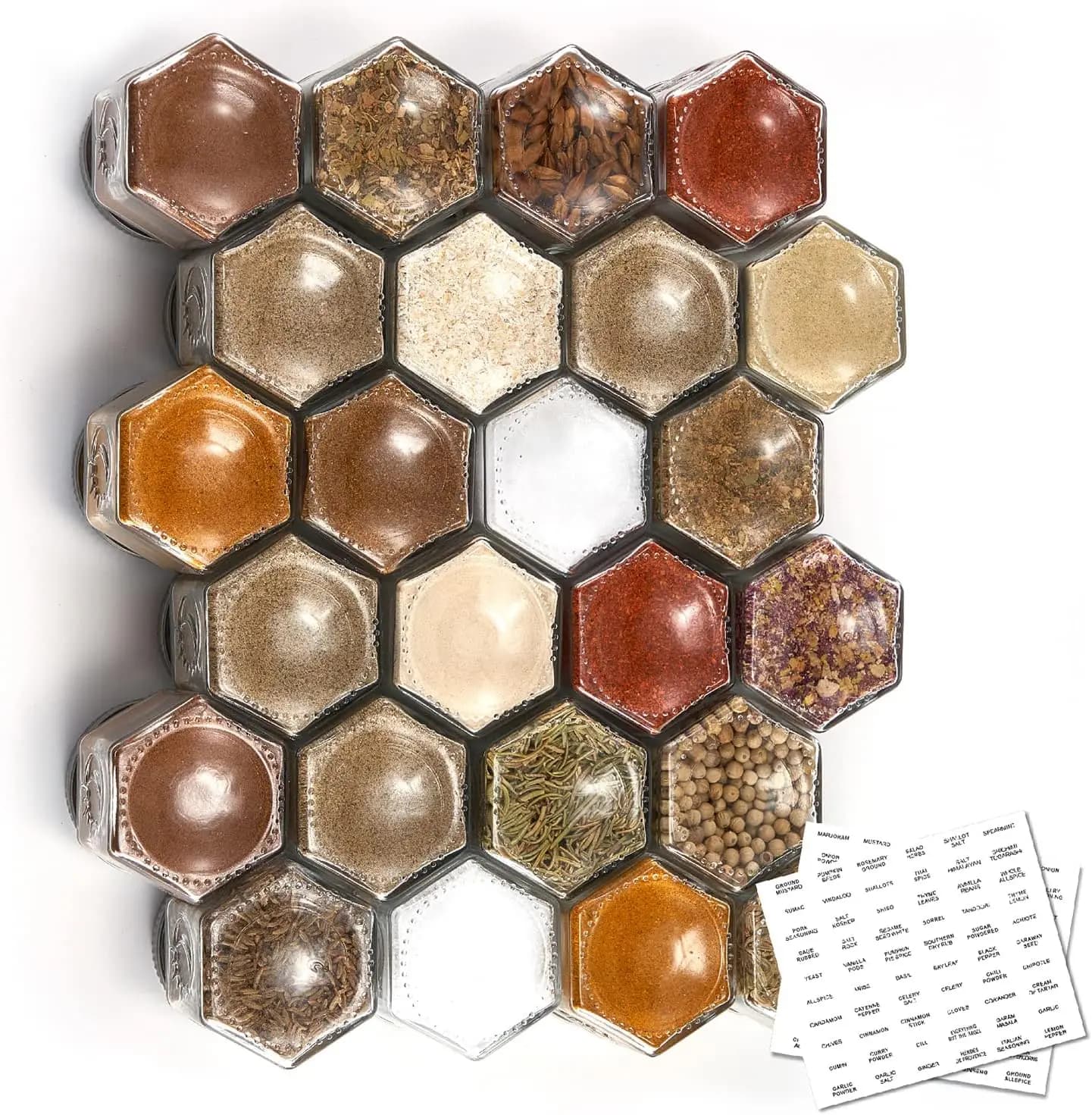 24 barattoli di spezie magnetici esagonali in vetro con coperchi e etichette per cucina, frigorifero, camper