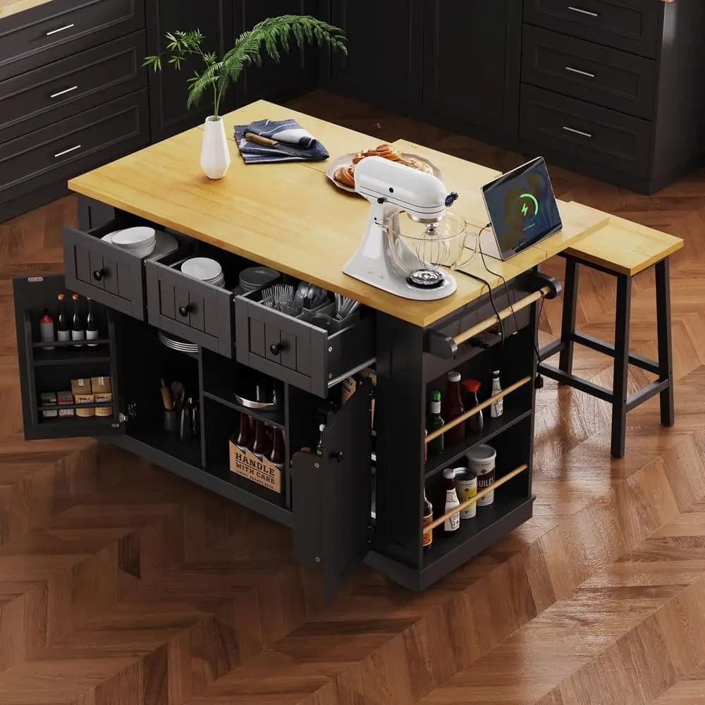 Isola da Cucina Mobile 53 con 2 Sgabelli, Presa di Corrente, Ripiani e Portasciugamani, Nero