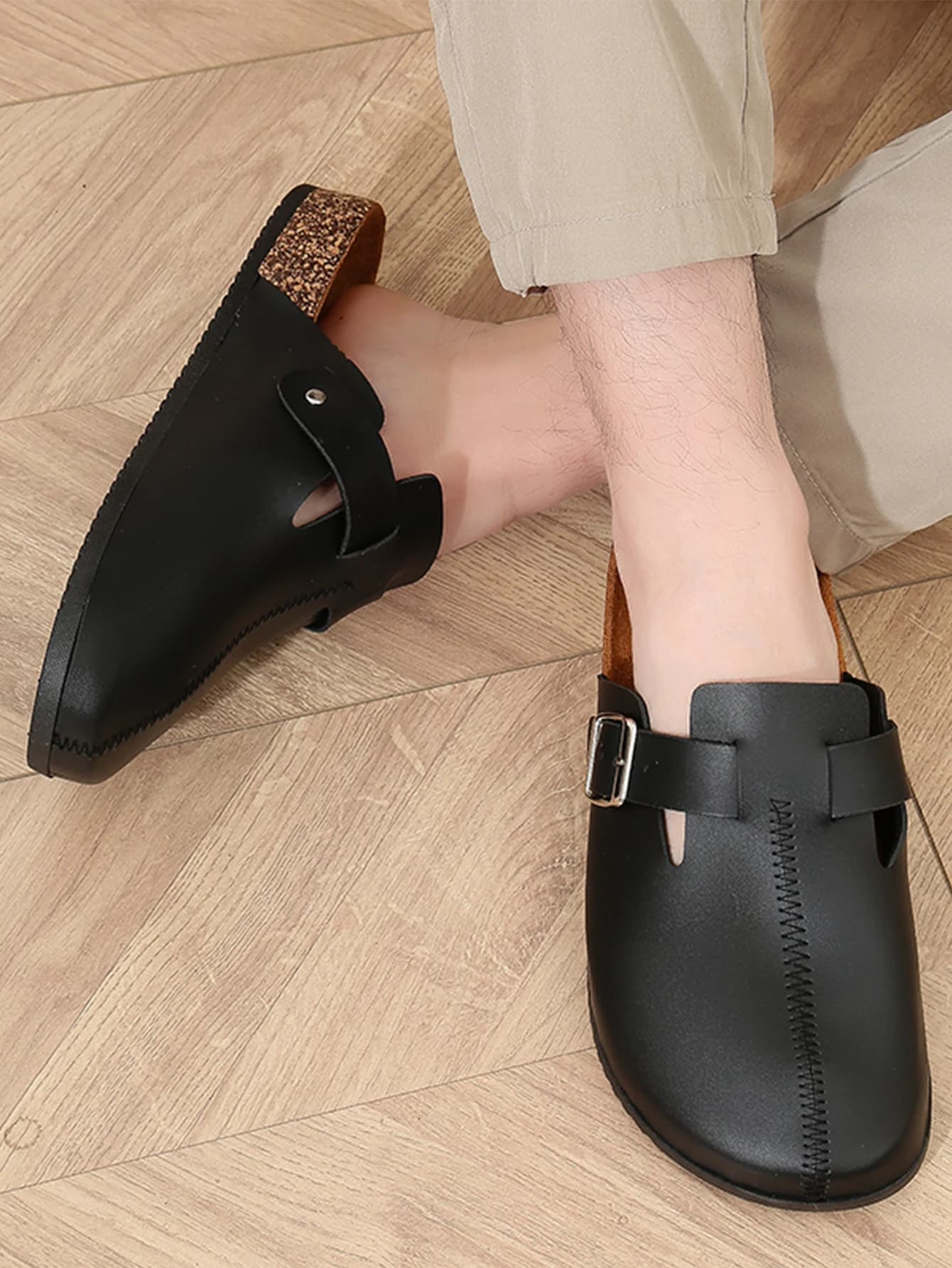 Men's slippers New Spring Retro Slip-On Moccassini casual Pu Tomaia in cork Semi-slip flat Slippers with closed tip with adjustable buckle