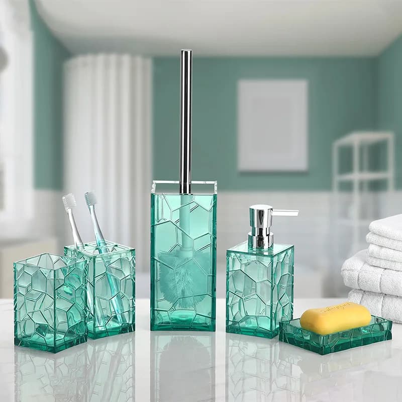 Set per il lavaggio del bagno Set da 5 pezzi in vetro acrilico Scopino per WC Bottiglia per lozione Portaspazzolino Scatola per sapone Forniture per il bagno
