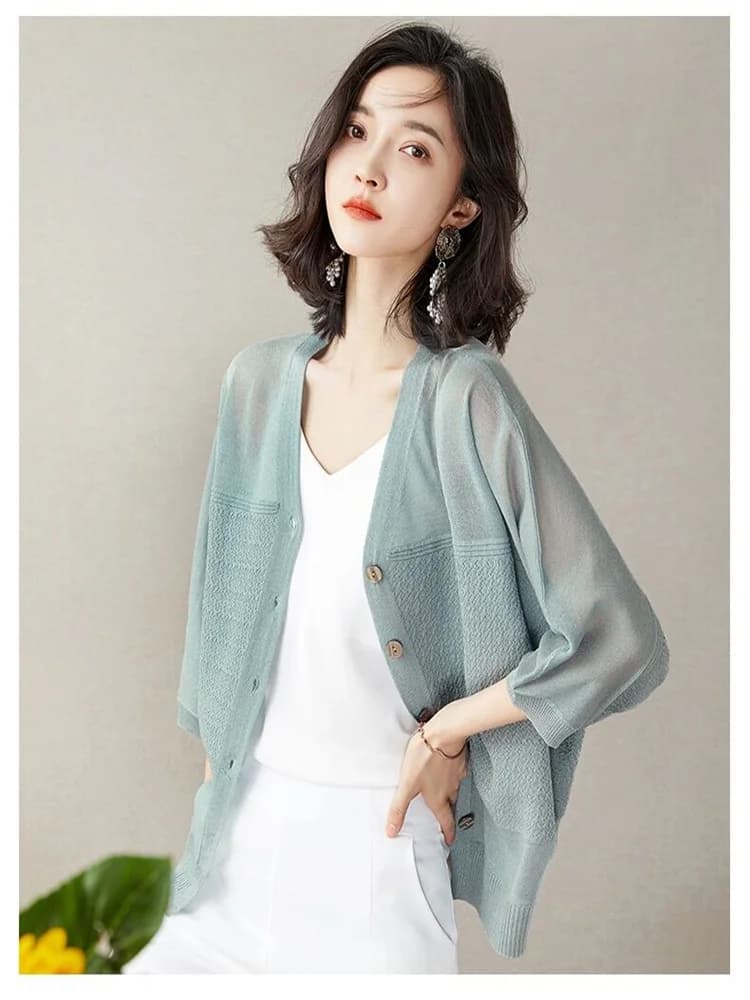 Summer V Neck Thin Cardigan Jacket Women Ice Silk Knitted Cardigan Shawl Ladies Hollow Out Sweater Coat Short Sunscreen Shirt