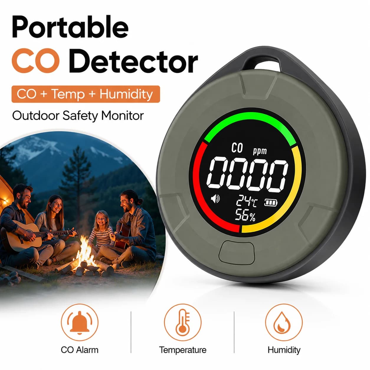 3in1 Portable Carbon Monoxide Detector CO Alarm Digital Display Temperature Humidity USB C Rechargeable for Camping Home Travel