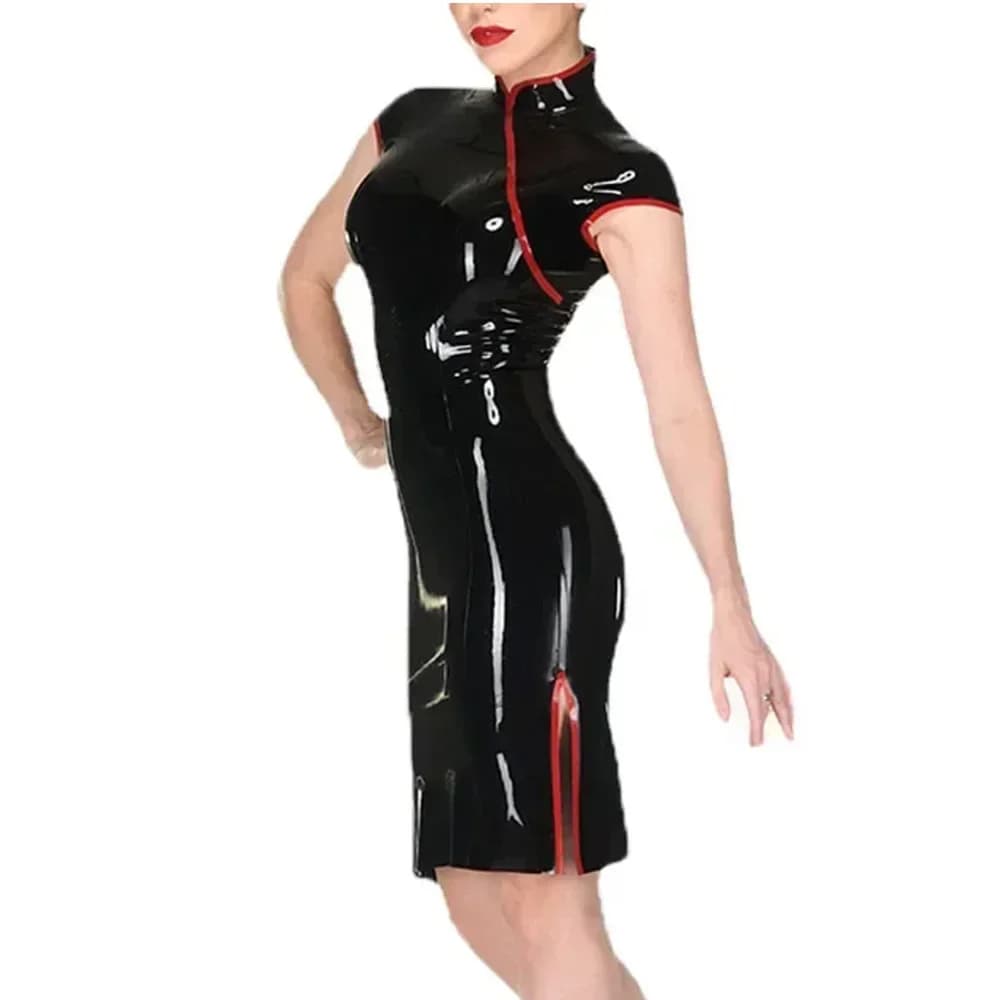 Plus Size Mock Collar Short Sleeve Cheongsam Style Black Women Dress Shiny PVC Leather Side Split Elegant Evening Cocktail Gown