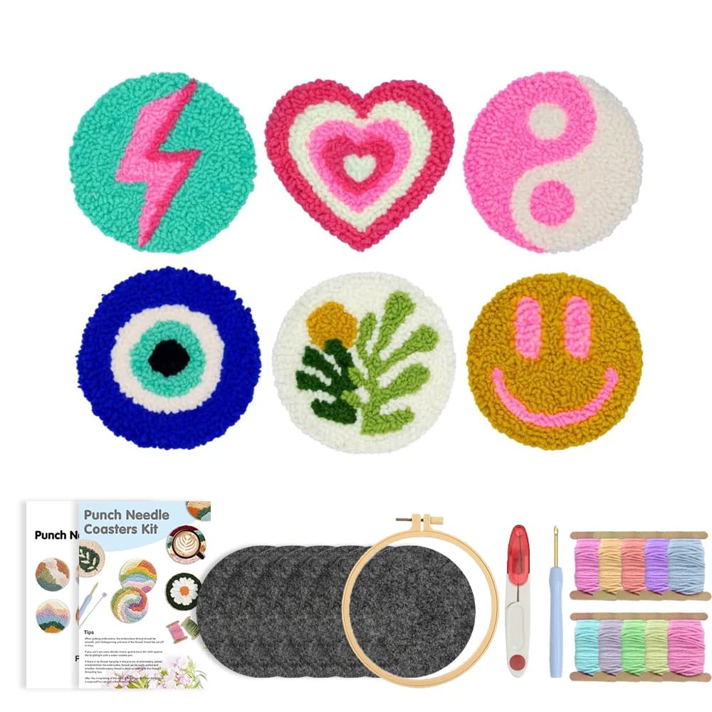 RUOPOTY 6pcs Punch Needle Coaster Pink Lightning Punch Needle Kits Wall Decor Art Projects For Adults Landscape Punch Needle Kit