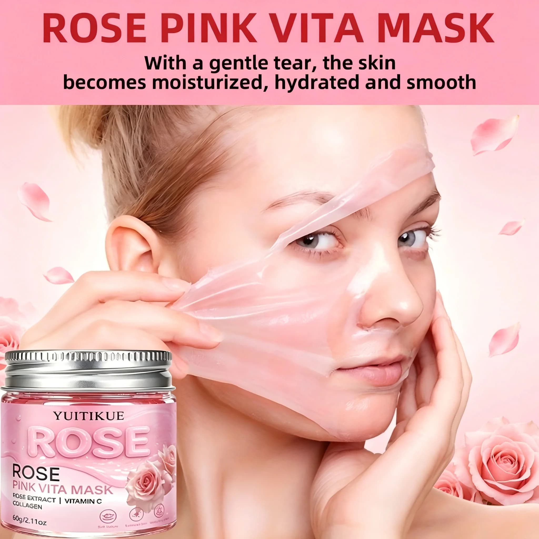 YUITIKUE Rose Pink Vita Peel Off Mask 60g Collagen Vitamin C Hydrating Brightening Moisturizing Facial Mask