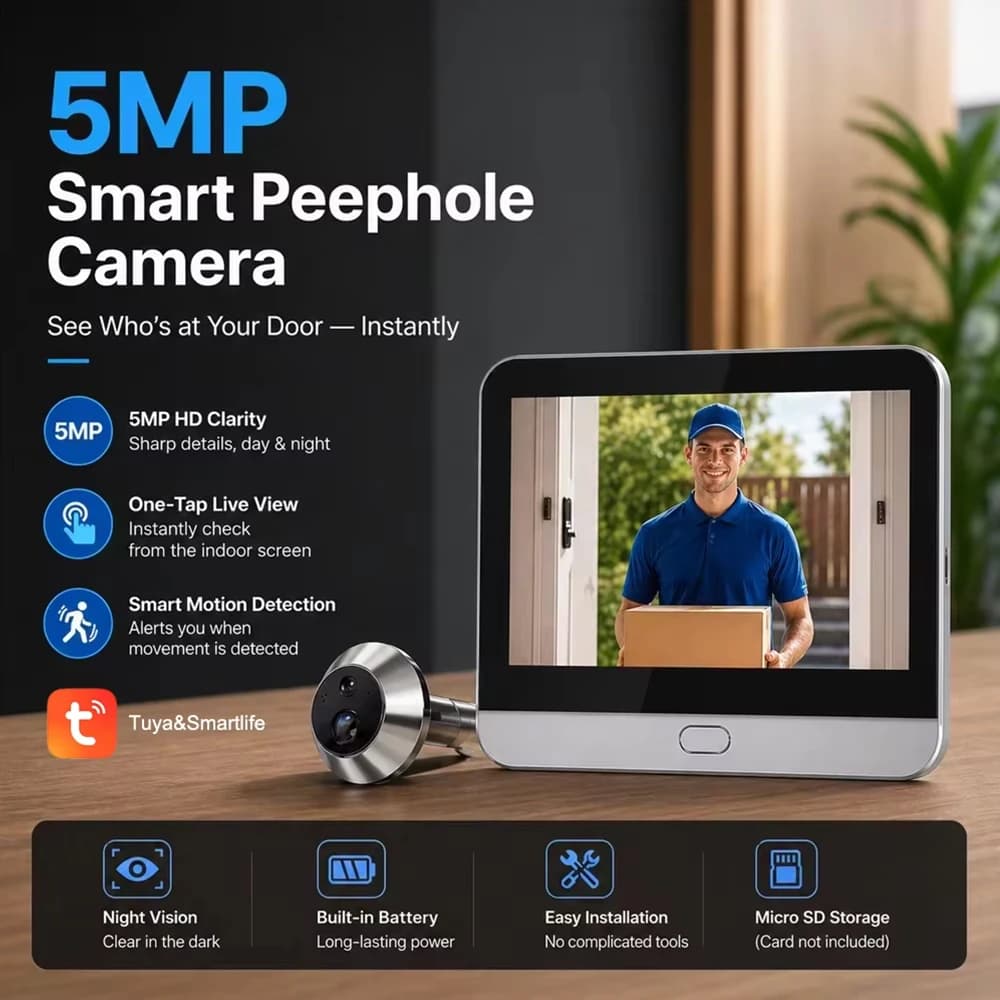Tuya 5MP Smartlife Home Peephole Doorbell 4.3 Inch Screen Indoor Baby Monitor Motion Alert Live View Audio Record Home Security