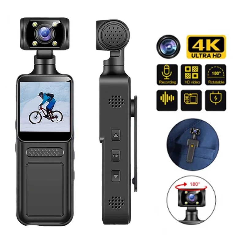Mini telecamera portatile 4K Videoregistratore digitale Body Cam Visione notturna a infrarossi Bici 180 ° Telecamera tascabile portatile rotante