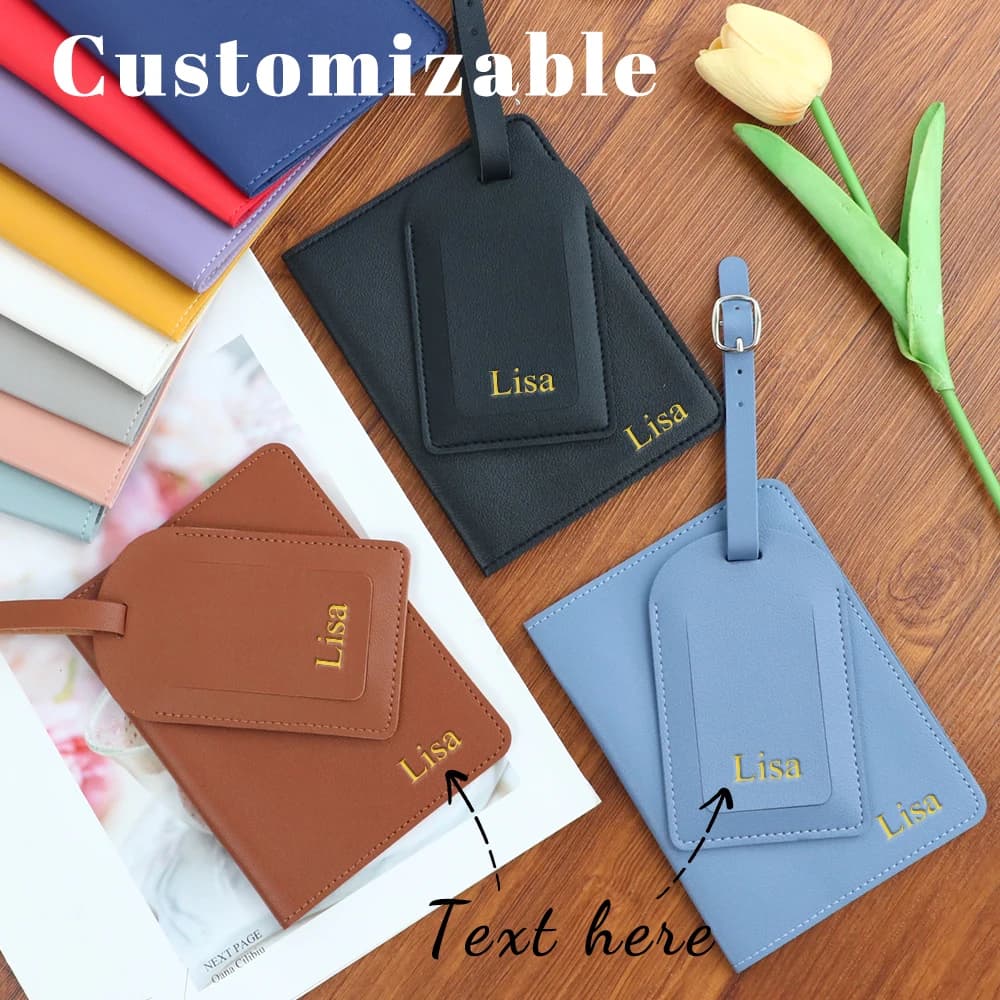 Set di etichette per bagagli con copertina per passaporto personalizzata da 2 pezzi Porta passaporto per biglietti in pelle PU Soomth alla moda Personalizza la borsa da viaggio