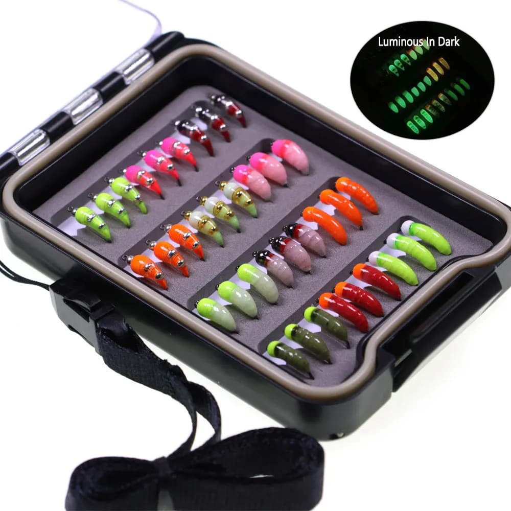 Kit of 36 Artificial Mosques # 12 Artificial Esches in Rapida Flood with Head in Brass and Epoxy Resin, Scud Shape, Worm, Ninfa, Moscow, for Ice Fishing, Trout and Grizzly
