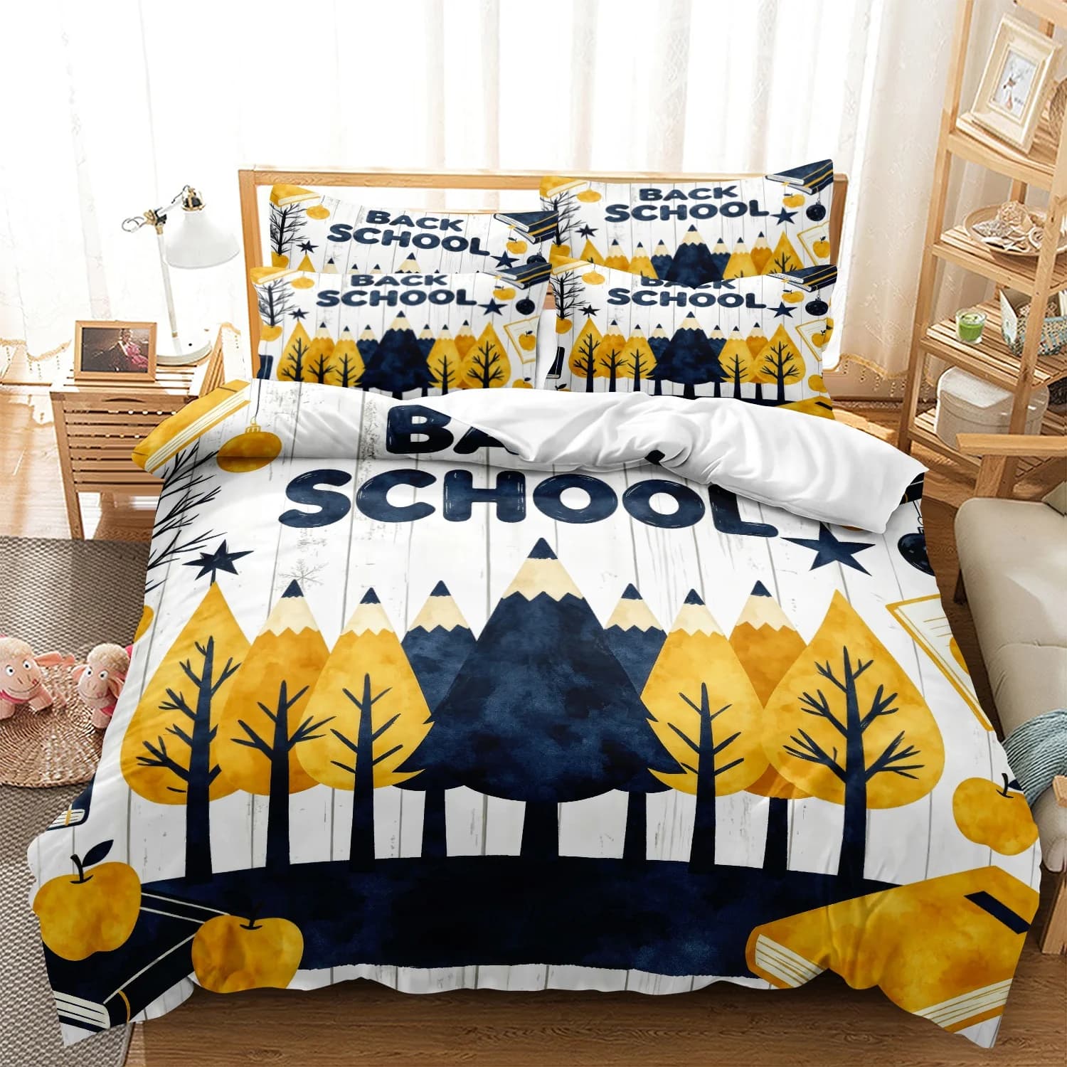 3Pcs Cute Back to School Print Duvet Cover Bedding Set, Blue & Yellow Pencil Trees and Books Pattern Print Bedding