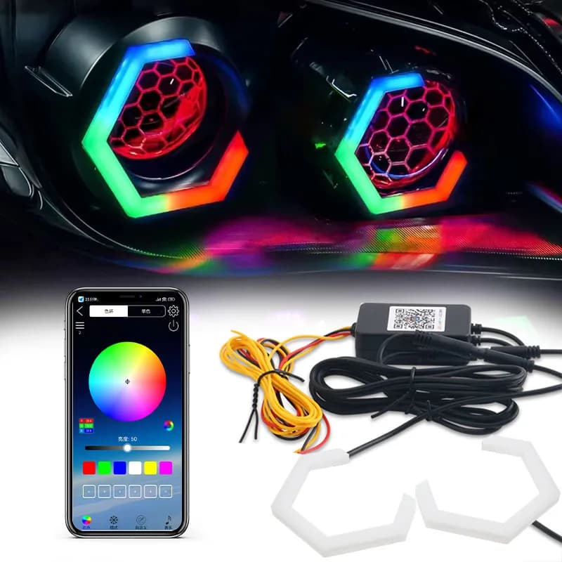 2 Pieces LED Angel Eyes RGB APP Bluetooth Luminous Rings Hexagonal Auto Scooter Moto with Yellow Direction Indicator 70MM 80MM 85MM 90MM