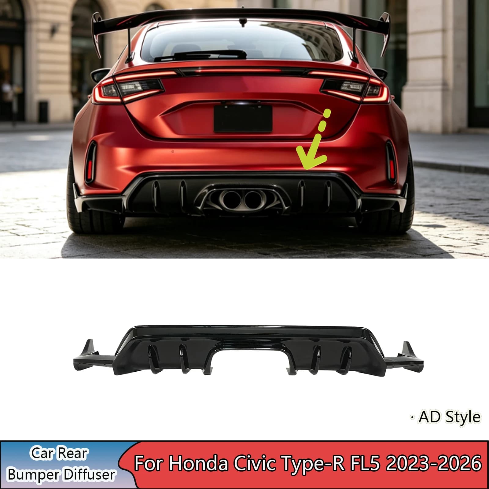 Car Rear Bumper Diffuser For Honda Civic Type-R FL5 2023 - 2026 Glossy Black/Carbon Fiber Style Auto Accessories ABS Plastic