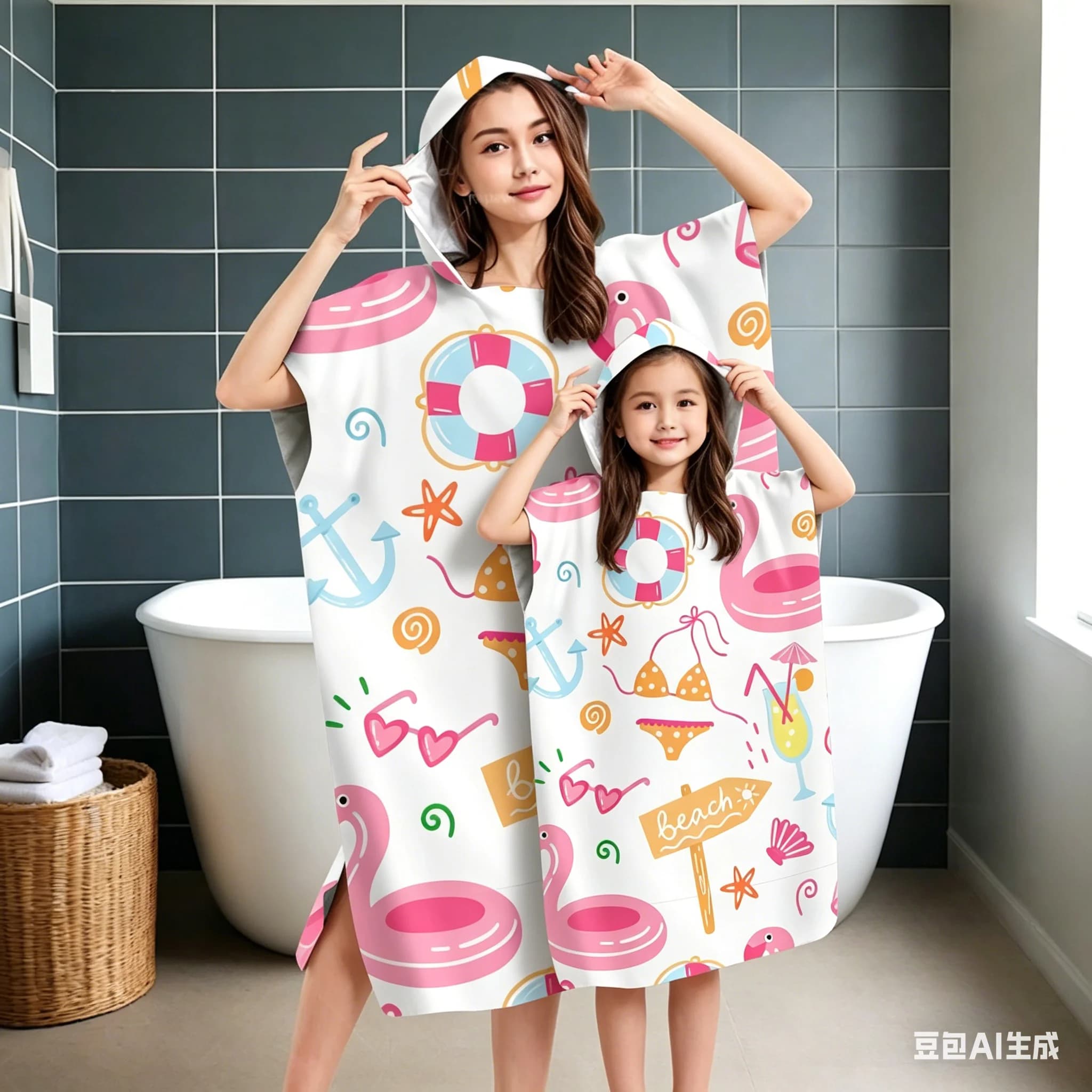 Poncho da Spiaggia con Cappuccio Coordinato per Famiglia, Accappatoio Estivo con Stampa di Fenicotteri ad Asciugatura Rapida, Accappatoio in Microfibra per Adulti e Bambini