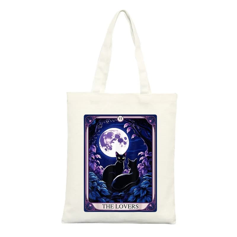Canvas Tote Bag with Cat and Moon Tarot Card Graphic, Ideal for Casual Daily Use and Weekend Outings