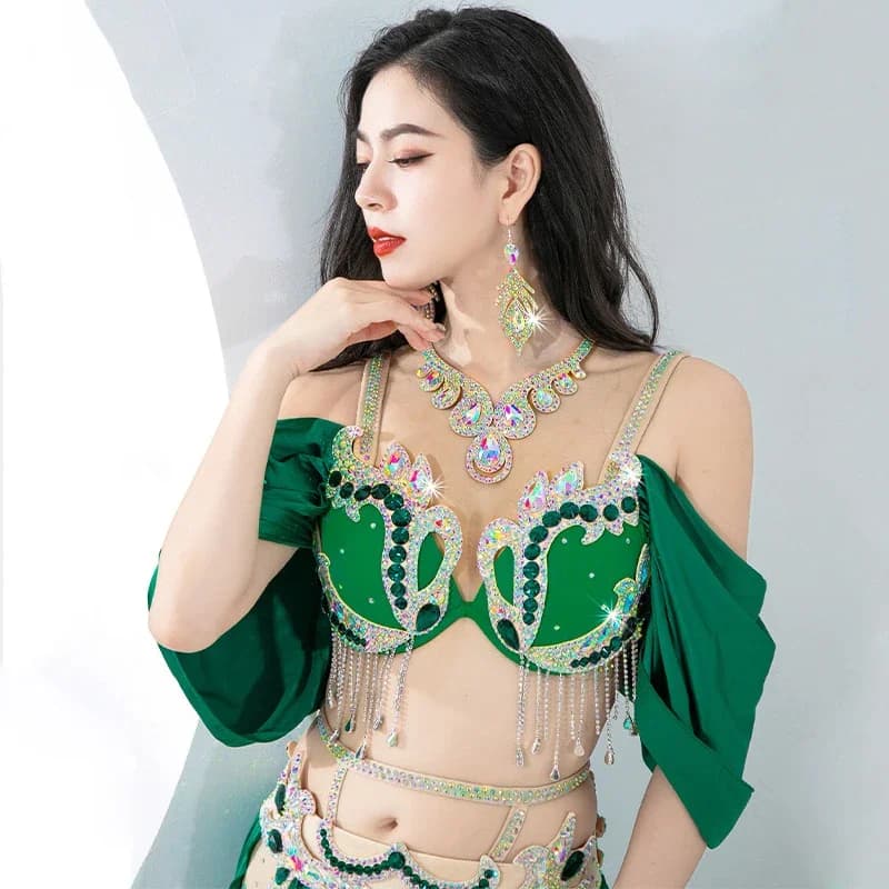 Women Performance Accessories Belly Dance Costume Jewelry Set Sparkle Iridescent Rhinestones Necklace and Earrings
