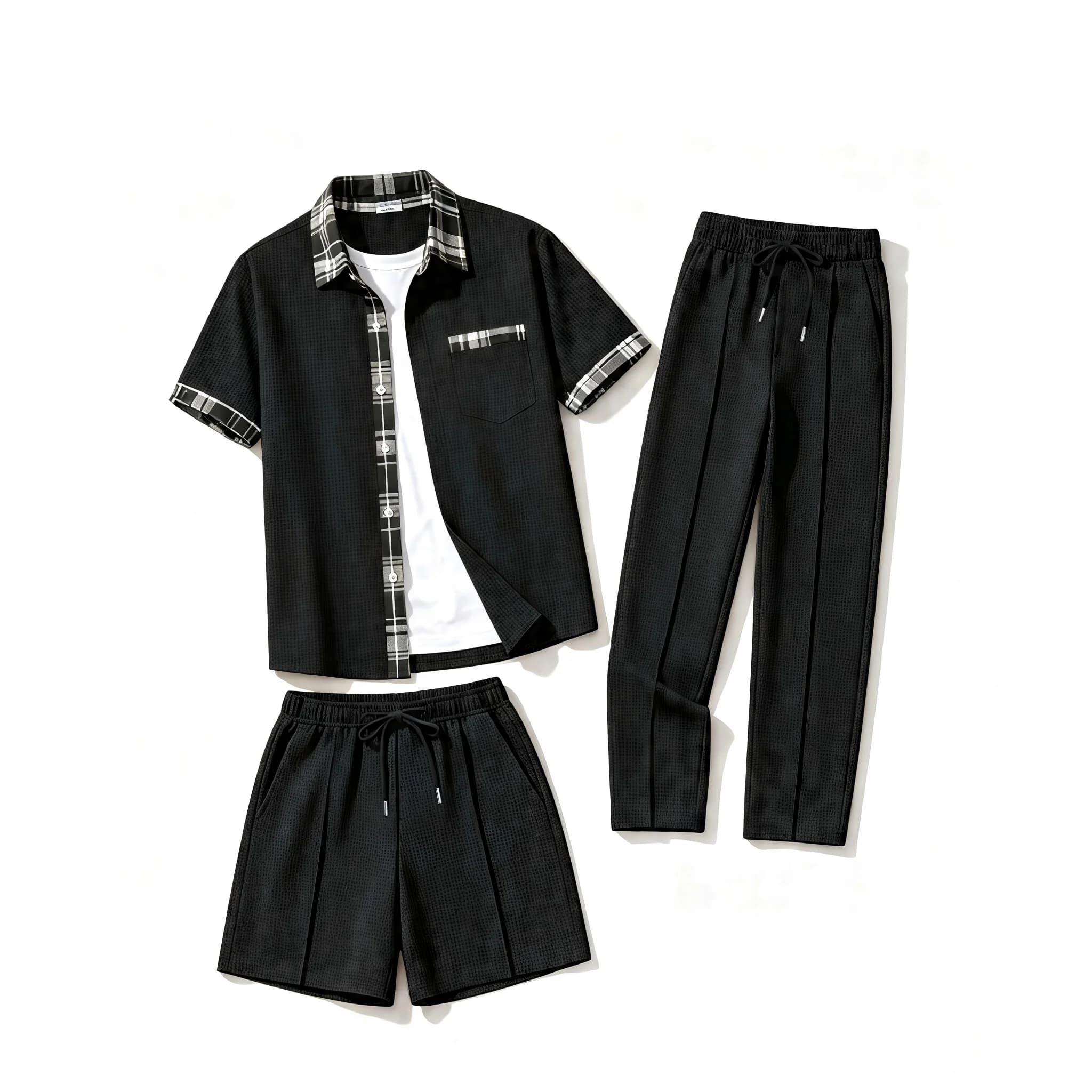 Men'sWaffle 3-in-1 Outfit Set Plaid Trim Lapel Short Sleeve Shirt+Drawstring Long Pants & Shorts Summer Casual Two-Way Wear Suit