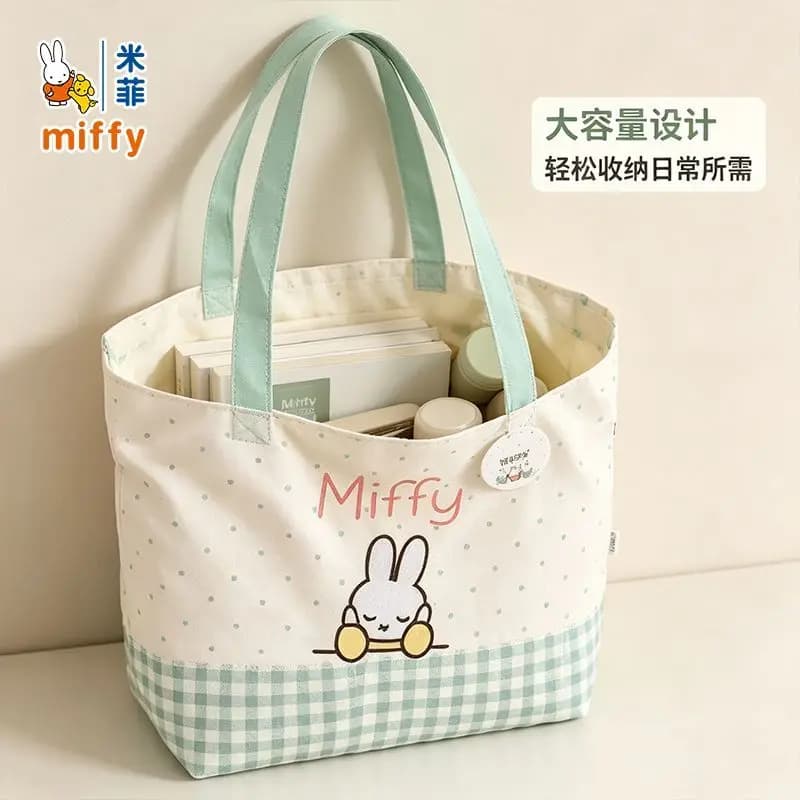Miffy Green Spliced Canvas Tote Bag Base Embroidery Sleeping Miffy Print Large Capacity Daily Work Commute Shoulder Bag