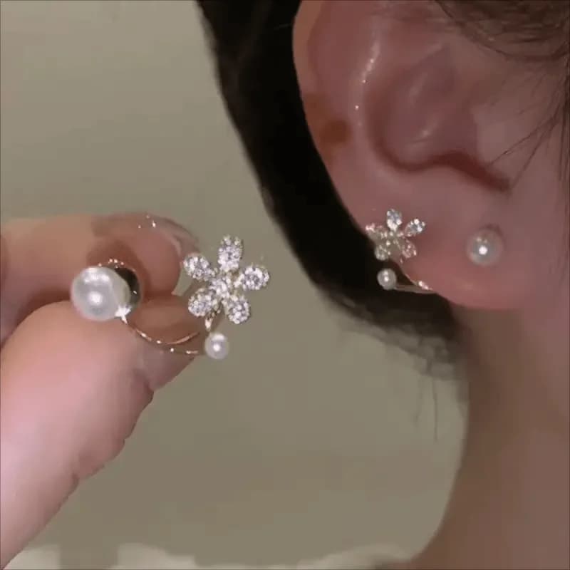 Orecchini con Fiori Scintillanti e Perle Imitate in Zircone, Gioielli per Uso Quotidiano e Feste, Regalo per Donne
