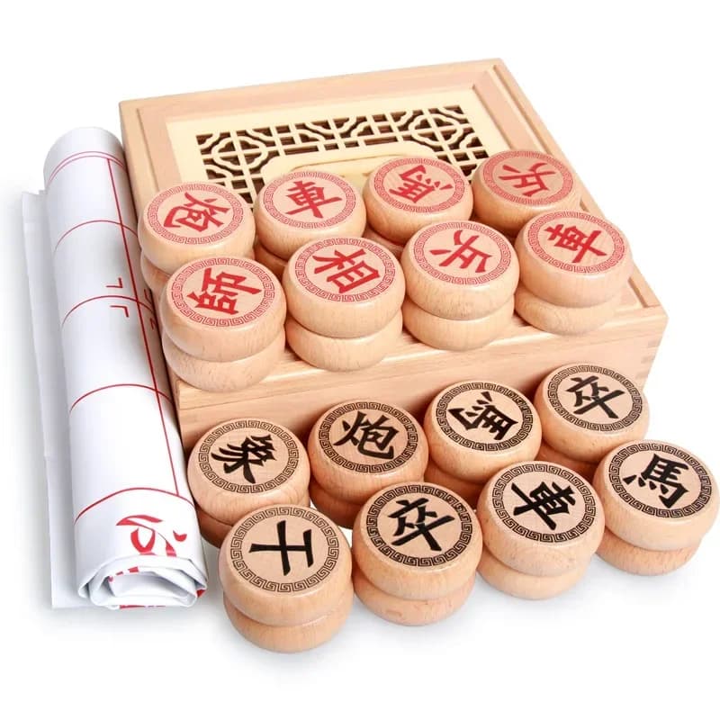 Pezzi grandi di scacchi cinesi in legno di fascia alta - Set da gioco da tavolo da viaggio per famiglie Xiangqi con scacchiera in pelle PU per 2 giocatori