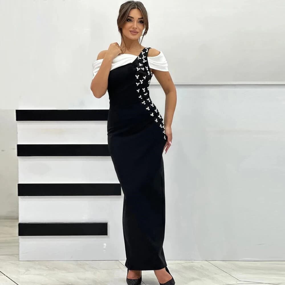 2026 New Patchwork Bandage Dress Women Off The Shoulder Elegant Evening Party Rhinestones Beading Dresses