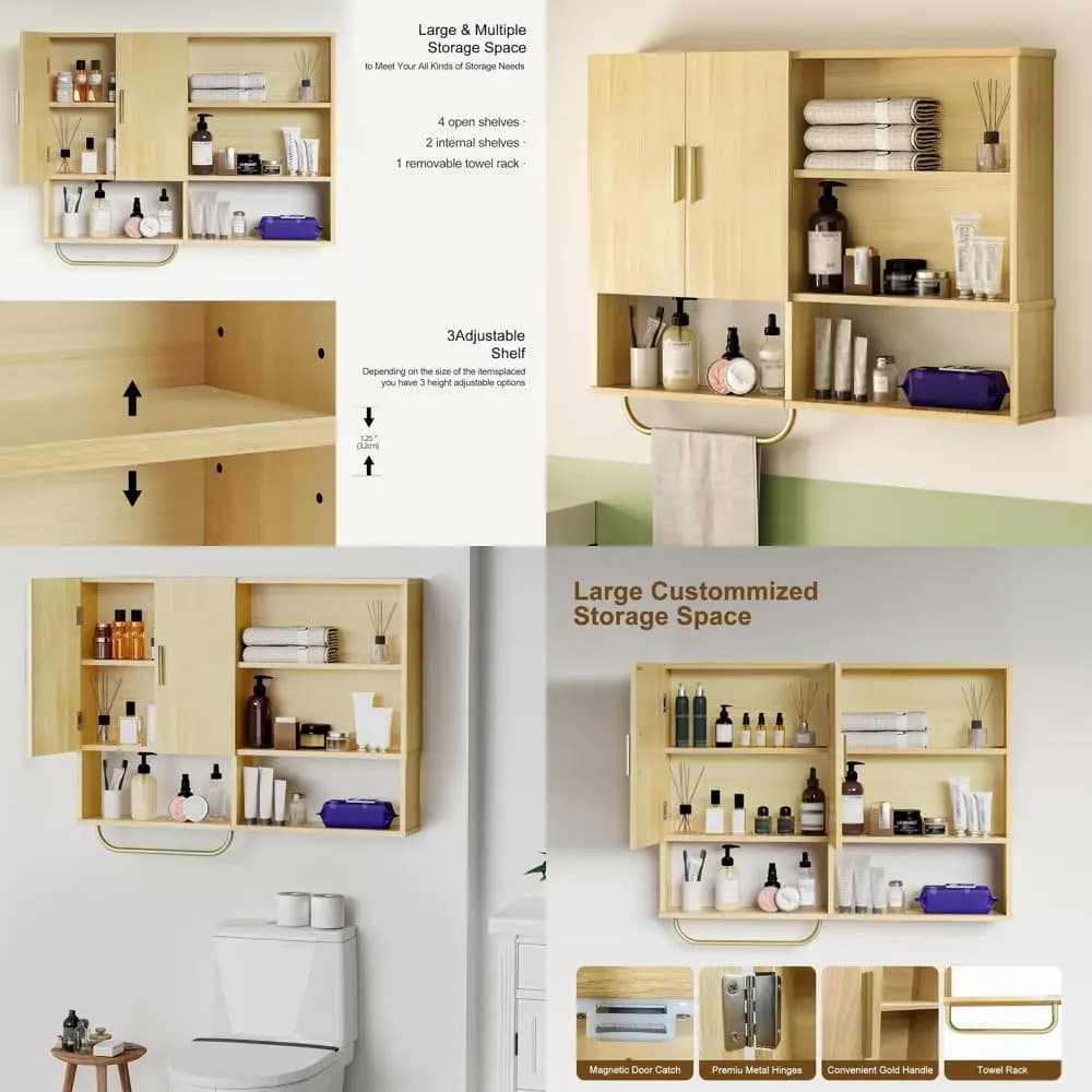 Grande Armadietto in Legno da Parete per Medicinali con 2 Ante e 4 Ripiani, Organizzatore per Bagno con Portasciugamani