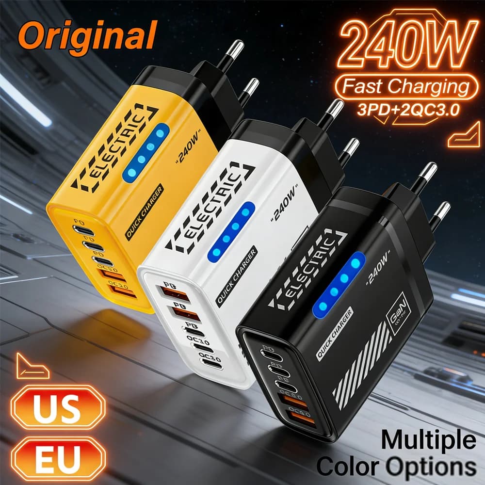 Caricatore Rapido USB C PD 240W GaN a 5 Porte con LED per iPhone Samsung Huawei Xiaomi Tablet, Adattatore da Tavolo per Ricarica Veloce da Viaggio