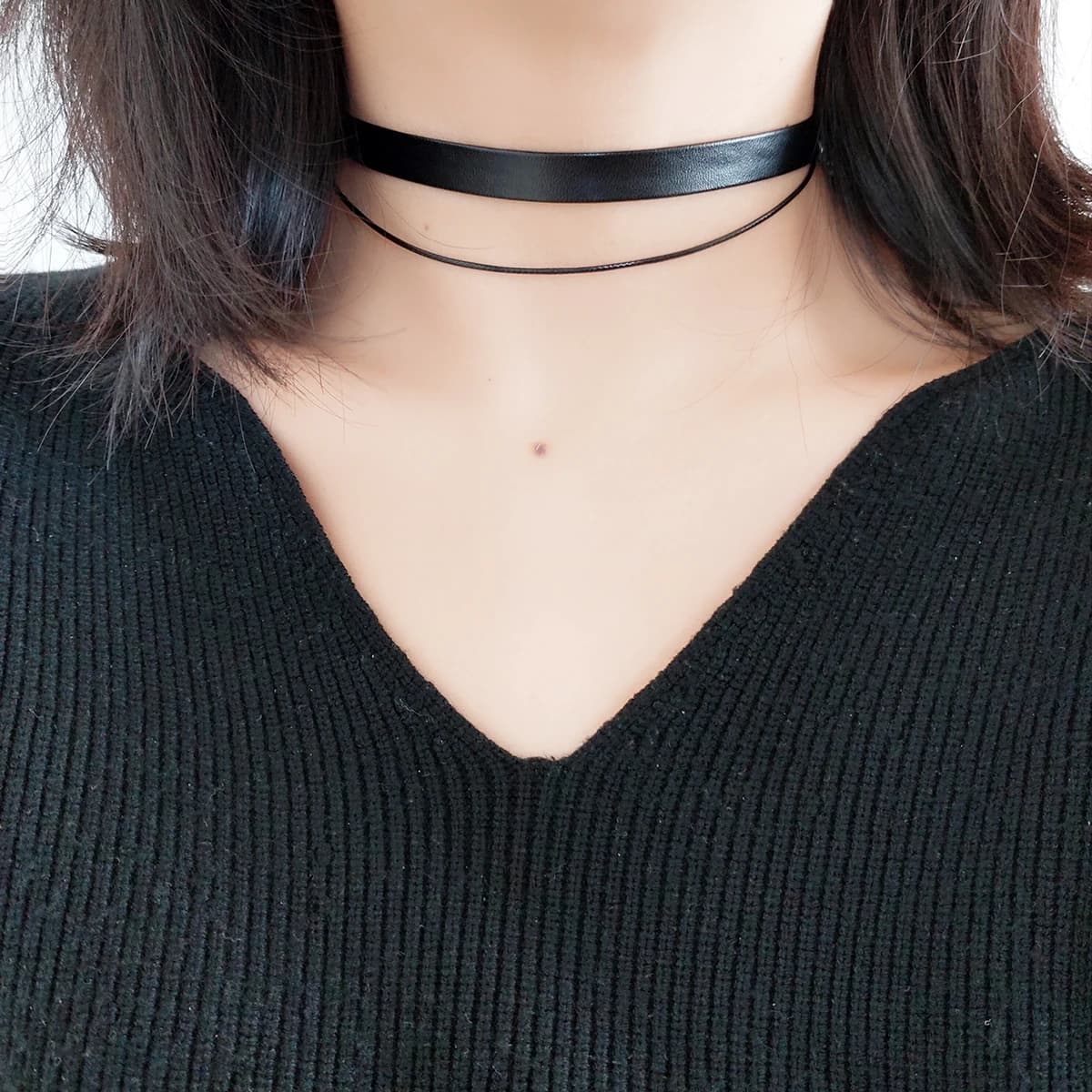 Fashion simple temperament black PU leather wax rope double layer wear choker collar neck strap neck jewelry necklace women