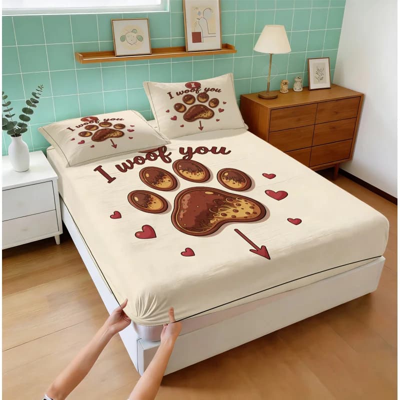Set di Lenzuola con Stampa Digitale 'I Woof You' e Zampa di Cane, Set di Lenzuola in Morbida Microfibra Senza Imbottitura, Decorazione per Camera da Letto per Amanti degli Animali