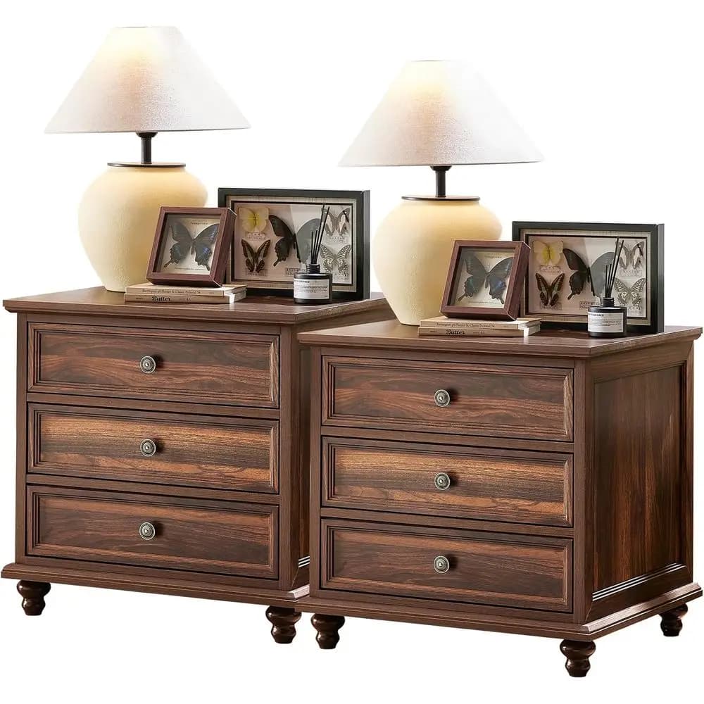 Set di 2 comodini con braccioli larghi, cassetti e maniglie in metallo, tavolini da camera da letto in legno marrone