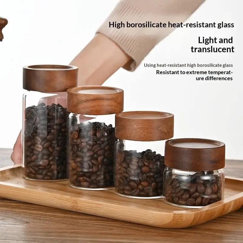 Coffee Beans Sealed Tank Transparent Glass Container With Wood Lid Food Storage Jars Candy Dried Jars Household Organizer