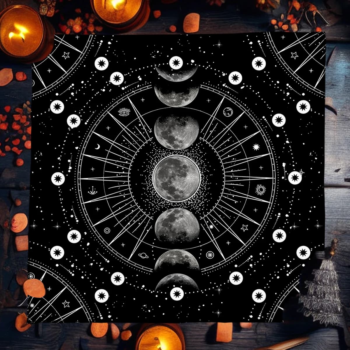 50/75/110/137cm Tarot mat Altar Cloth Black Moon Phase Tarot Card Tablecloth For Reading Polyester Wicca Oracle Mat Room Home