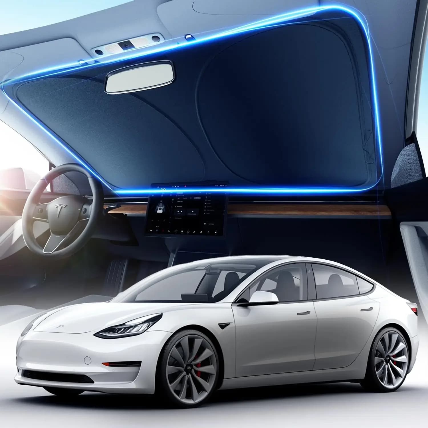 Upgraded Windshield Sunshade for Tesla Model Y / Model 3 Universal Durable Foldable with Storage Bag Car Accessories WORLDKPI