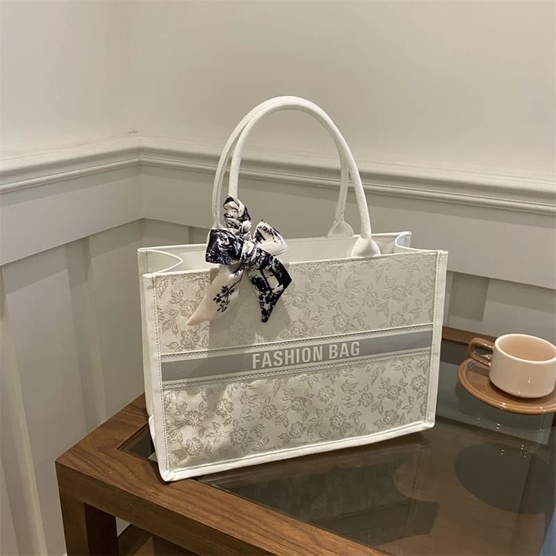 Elegant Women's Luxury Tote Bag with Floral Pattern PU Leather Embroidered, Decorative Scarf Bag for Work and Shopping