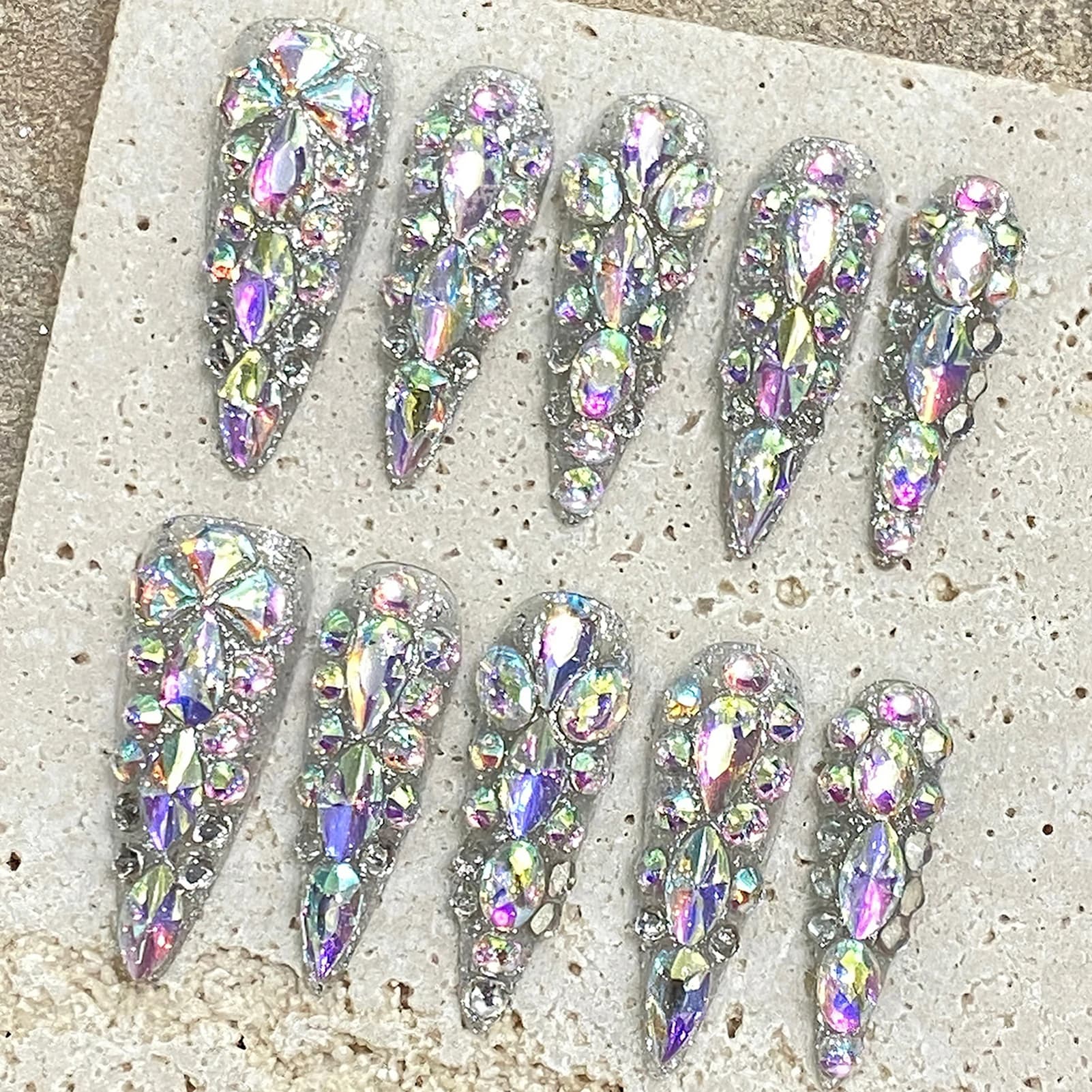 10 pezzi fatti a mano stampa sulle unghie lungo stiletto unghie finte massive lucido strass decorazione copertura completa ballerina manicure indossabile