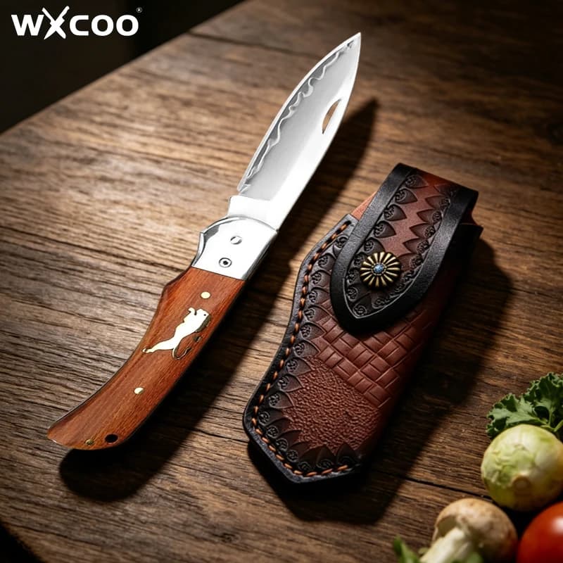 WXCOO Stainless Steel Folding Knife for Kitchen Household Fruit Paring Convenient Knife with Non-slip Wooden Handle Pocket Knife