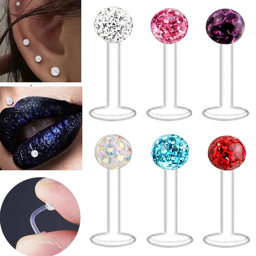 2X Acrilico Labret Monroe Anello per labbro 6-12mm Bar Flessibile Epossidico Coved Cristallo 3mm Sfera Dell'orecchio Trago Stud Fermo Piercing