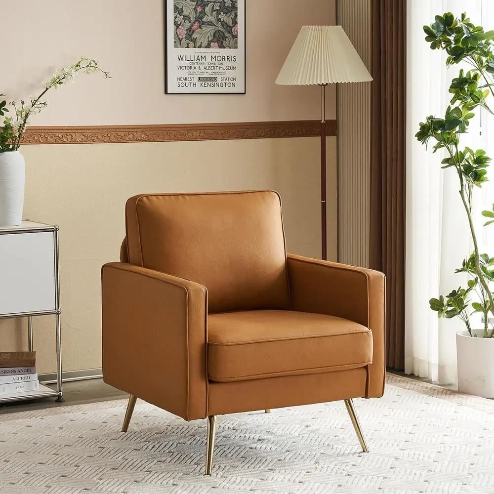 Poltrona con accenti marroni e gambe dorate, adatta per soggiorno o camera da letto