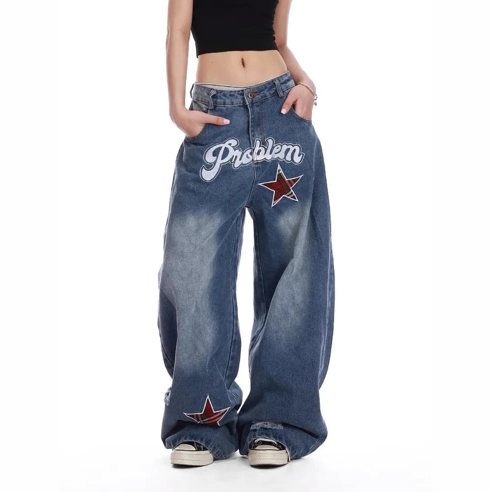 Women Vintage Plaid Star Patch Wide Leg Jeans Y2K Letter Embroidery Baggy Denim Pants Hip Hop Streetwear Loose Trousers