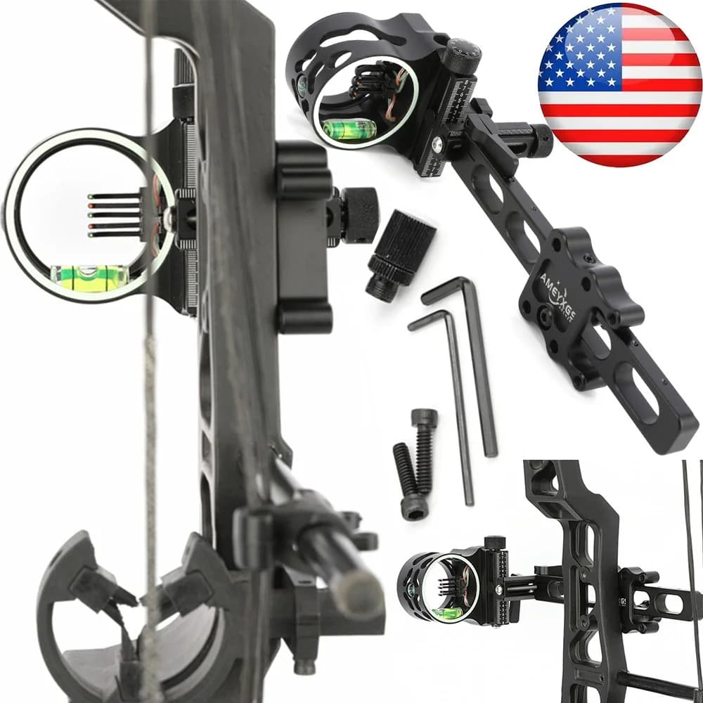 Compound Bow Sight 5 Pin Long Rod 0.019 Fiber Optic Adjustable Left Right Hand for Hunting Shooting Target Practice Accessories