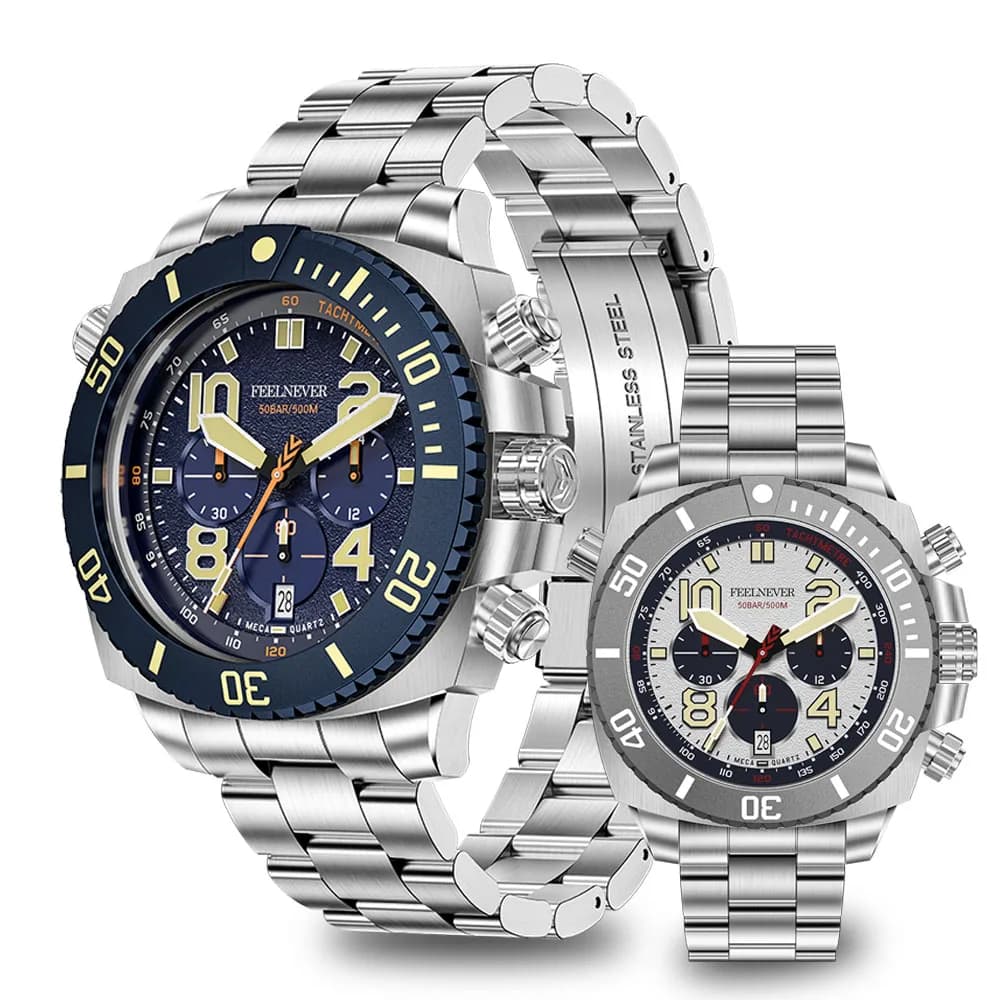FeelNever Orologio sportivo al quarzo con data automatica Orologio da uomo in acciaio inossidabile con cristallo di zaffiro Orologio da immersione impermeabile 500M Reloj Hombre