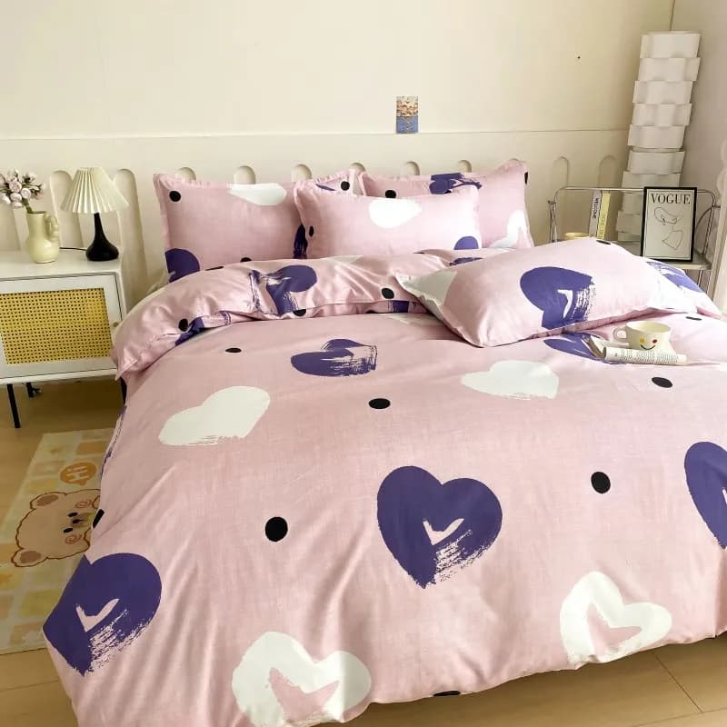 Set di biancheria da letto con base rosa a cuori e pois, 4 pezzi, morbido e traspirante, con copripiumino, federe e lenzuolo, misura Full/Queen/King