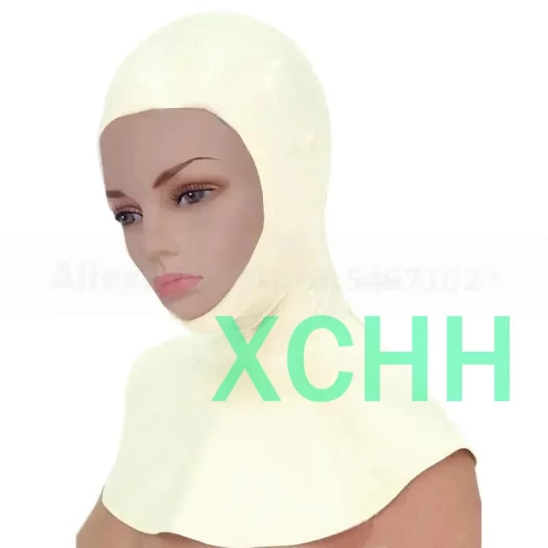 Cappuccio in lattice Bianco Collo lungo Cappuccio in lattice di gomma Abito viso aperto Maschera personalizzata uniforme sexy con cerniera posteriore