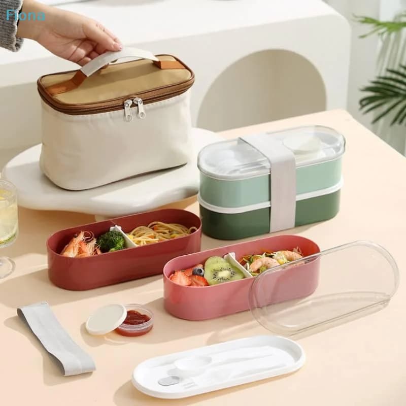 ✔ Contenitore per Pranzo Bento a 2 Livelli Impilabile con Utensili e Scomparto per Salse, Contenitore Ermetico per Alimenti per Preparazione Pasti, Ufficio, Scuola